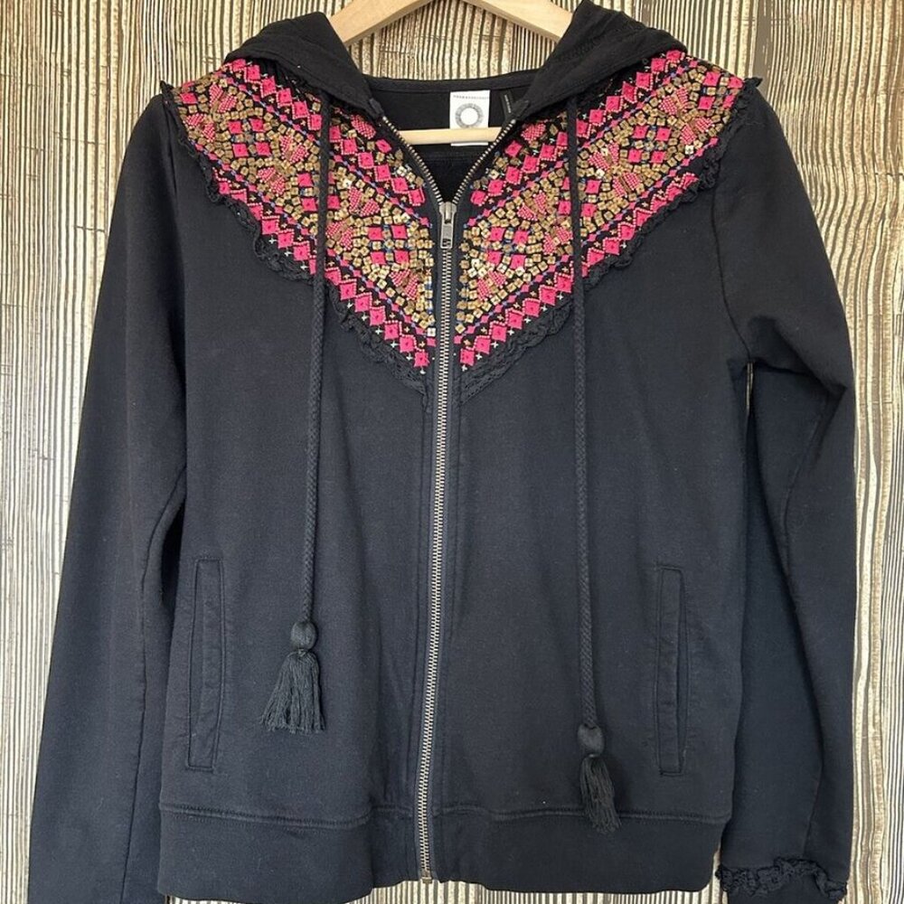 Anthropologie Akemi + Kin Black Embroidered Beaded Black Zip Up Hoodie XS
